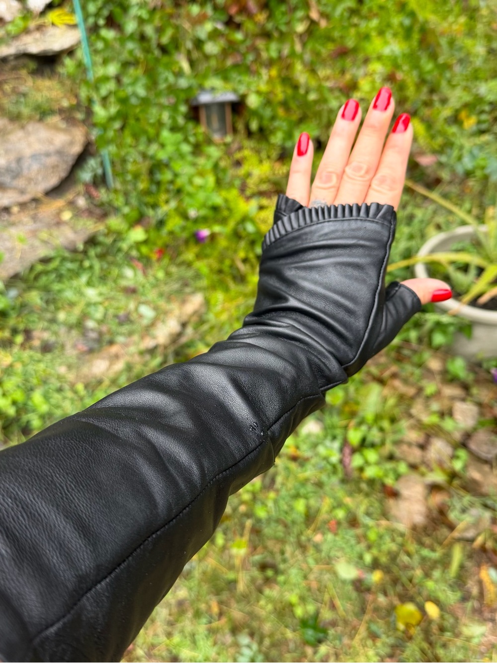 Long Butter Soft Black Leather fingerless gloves with hand ruffles